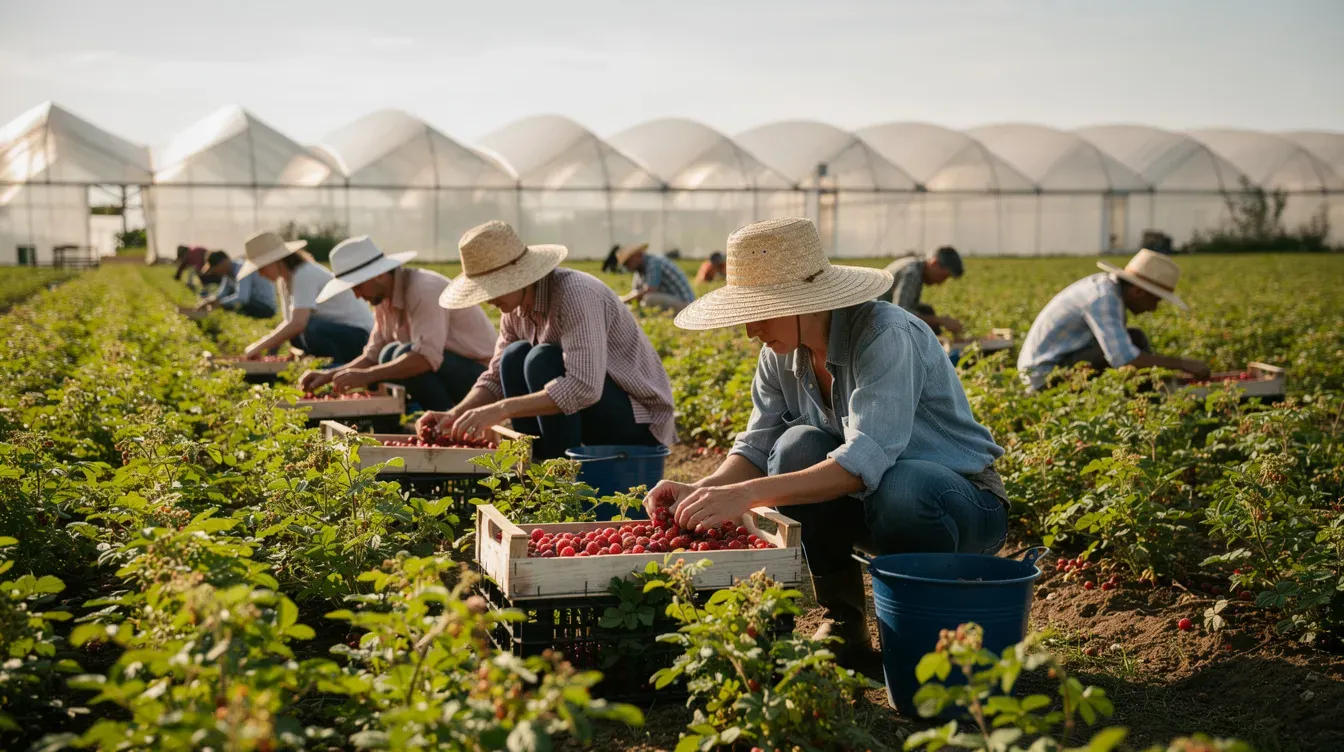 In a vibrant green field in the UK, workers wearing sun hats are diligently picking berries, with polytunnels visible in the background. This scene reflects the importance of sustainable practices in the British food industry, showcasing the responsibilities of individuals involved in fruit harvesting.