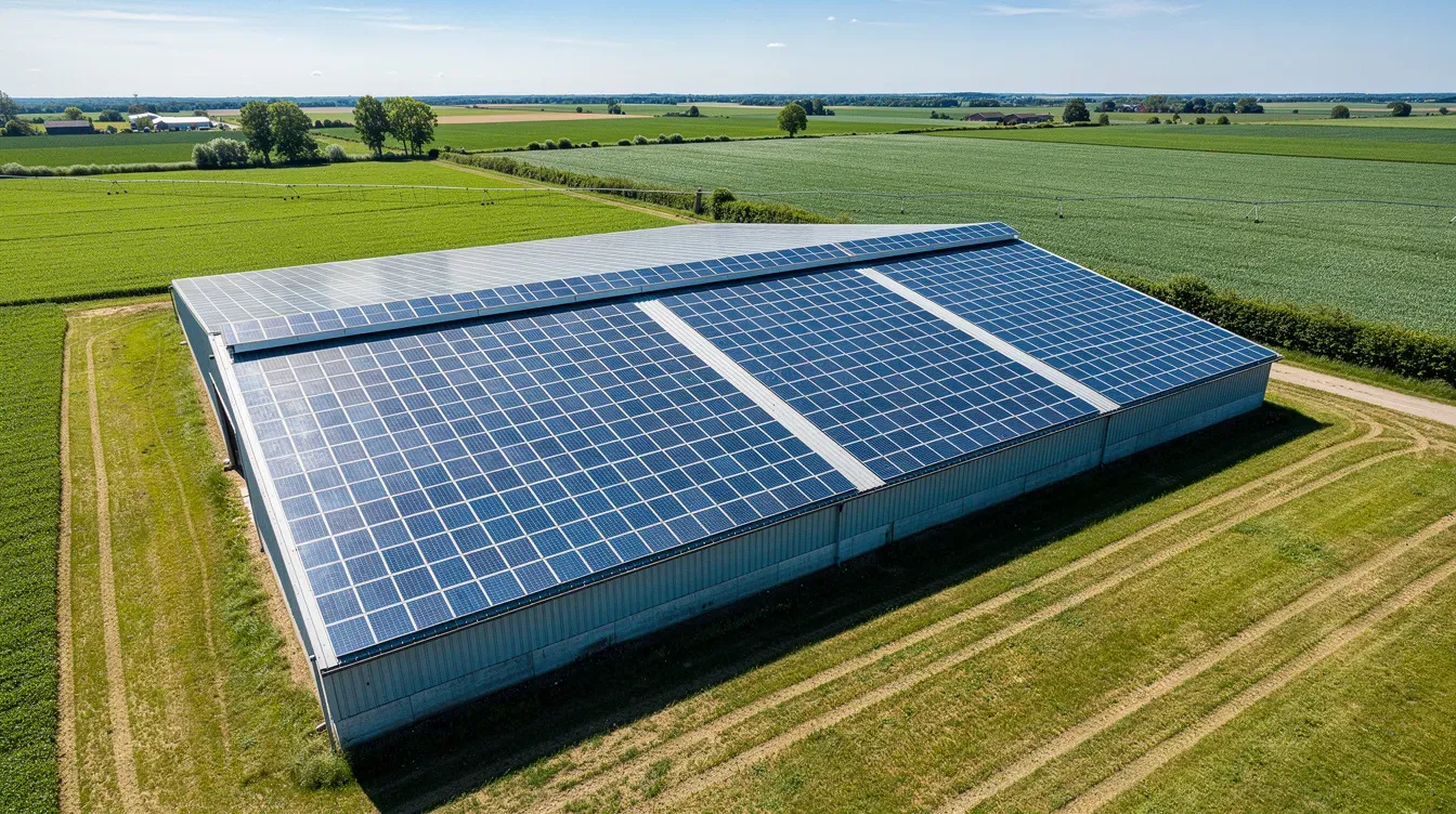 The image features solar panels installed on the roof of a large agricultural building, surrounded by vibrant green fields, highlighting the company's commitment to sustainability and reducing its carbon footprint in the UK. This setup reflects the growing trend among British food manufacturers to adopt eco-friendly solutions in their operations.