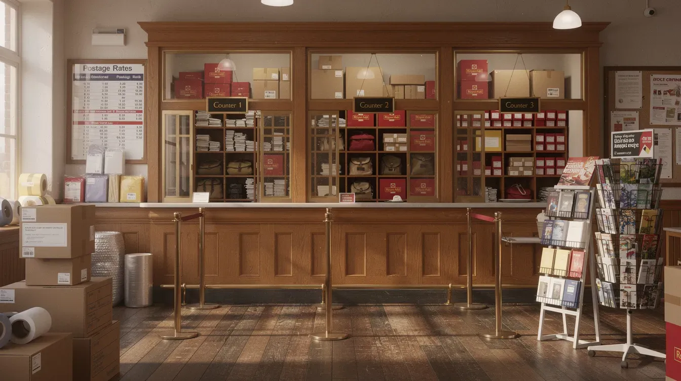 The image shows a traditional British post office counter in Baldock, featuring service windows and various postal supplies neatly displayed. The setup creates a welcoming experience for customers waiting to access postal services, emphasizing security and efficiency.