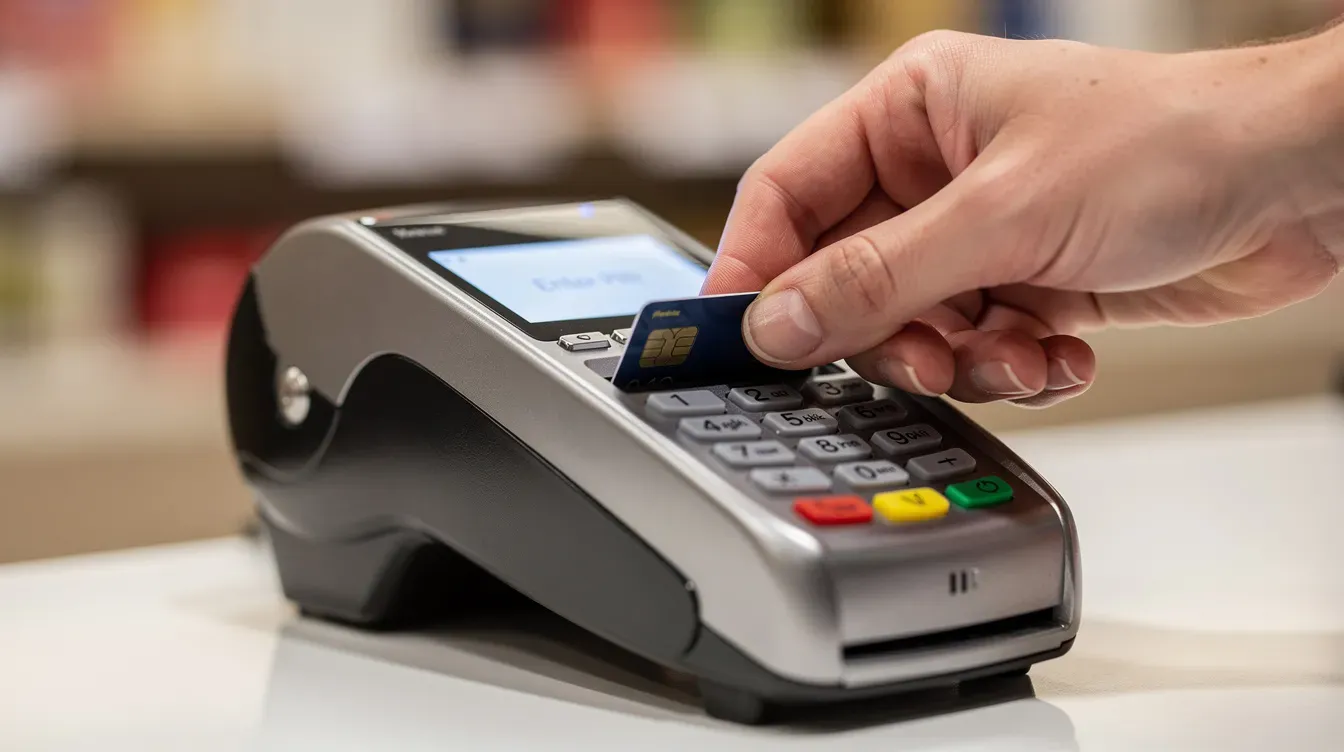 A close-up image shows a hand inserting a debit card into a chip-and-pin terminal at a post office counter, highlighting everyday banking activities such as cash withdrawals and deposits. The terminal is designed for secure transactions, ensuring customers can manage their bank accounts efficiently.