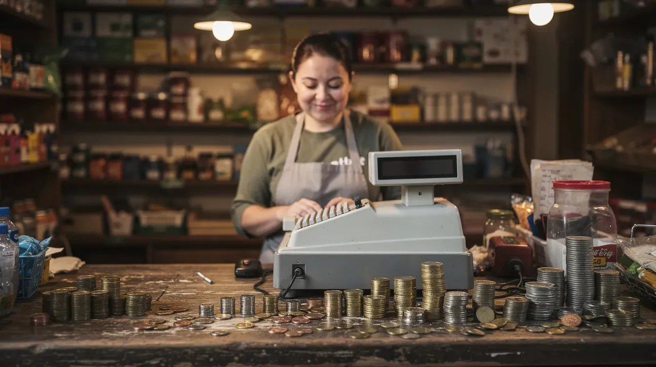 A small shop owner stands behind a post office counter, surrounded by stacks of coins and a cash register, ready to assist customers with everyday banking services such as cash deposits and withdrawals. The shop reflects a welcoming atmosphere for local residents to manage their banking needs.