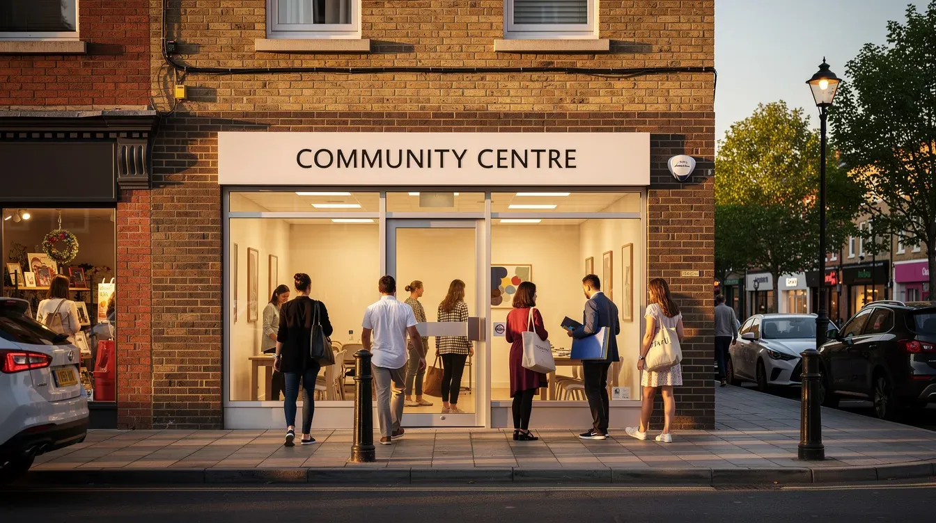 The image depicts the exterior of a small community building, where several people are entering through a glass door on a quiet high street. This local post office is likely offering essential banking services such as cash withdrawals and deposits, making it a convenient spot for everyday banking needs.