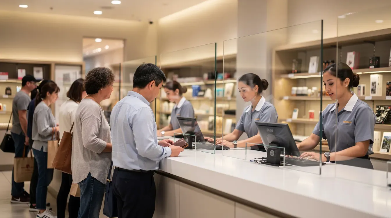 Inside a retail counter at the Lion Walk Shopping Centre in Colchester, customers are being served by staff behind glass partitions, with the Post Office logo visible in the background. The scene captures the bustling atmosphere of a delivery office in Essex, highlighting the interaction between customers and the royal mail staff.