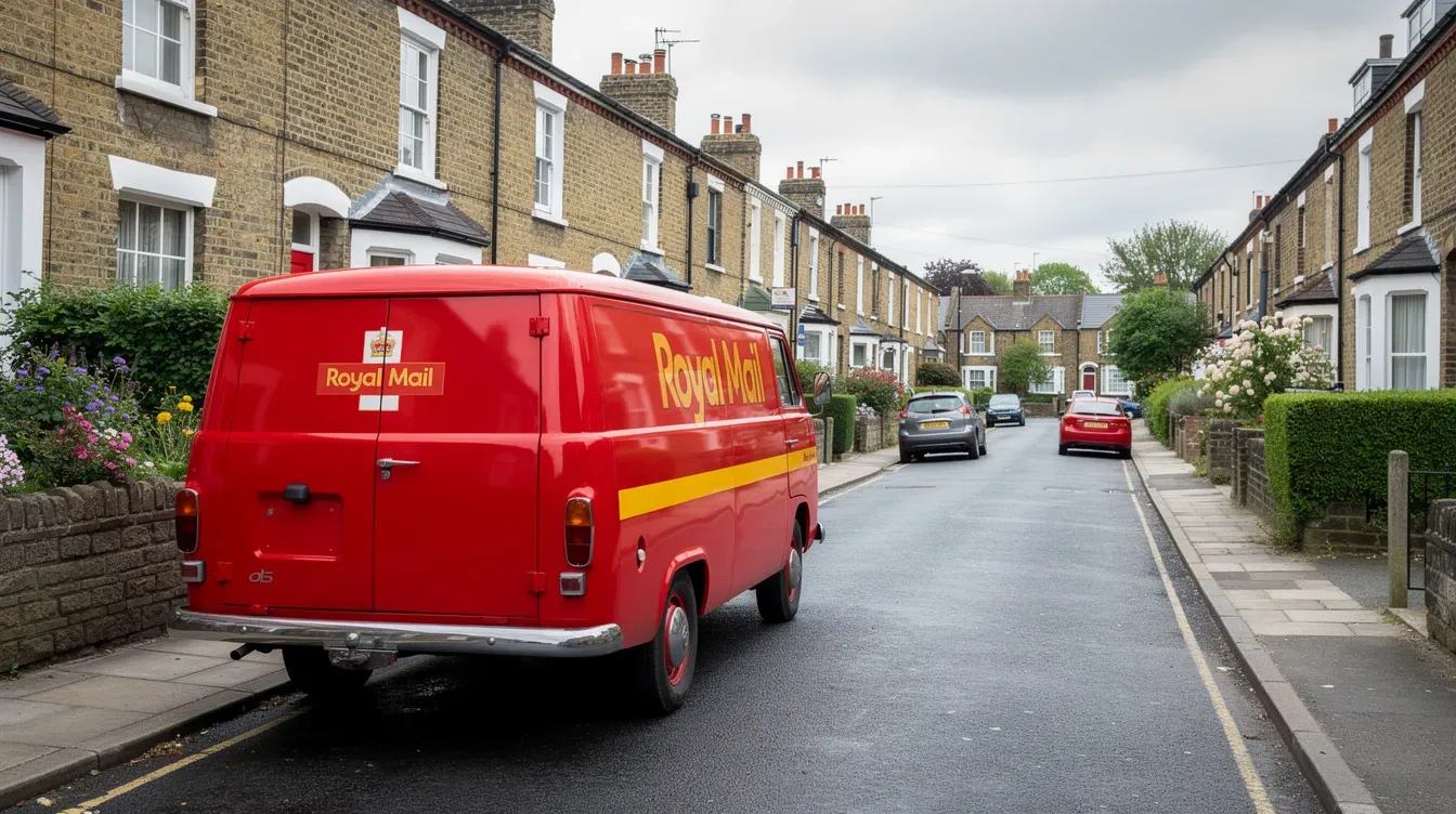 A red Royal Mail delivery van is parked on a tranquil residential street in Colchester, Essex, showcasing the iconic post office logo. The setting reflects a typical English neighborhood, adding a sense of community to the scene.