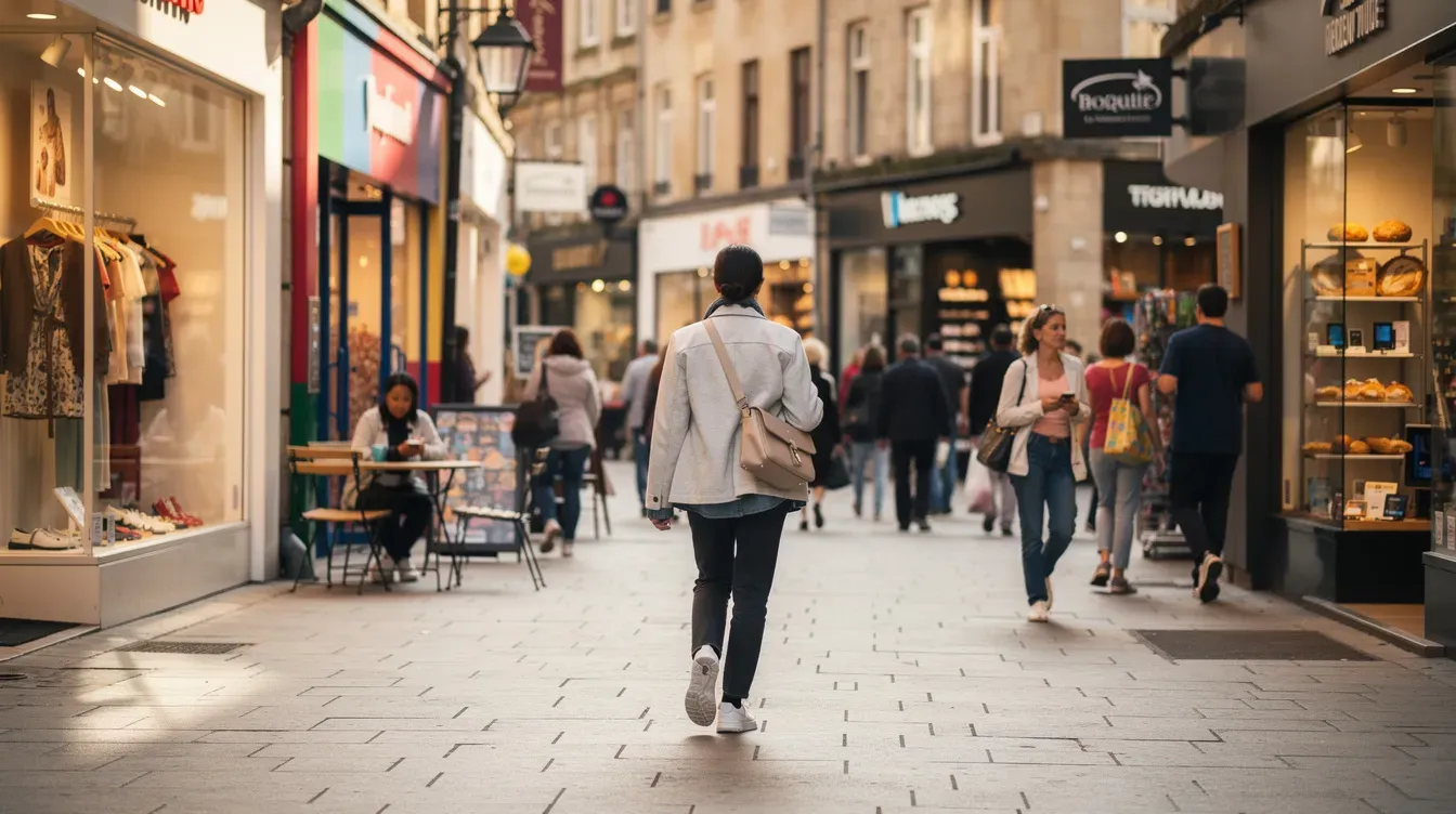 A person is walking along a bustling town center street, surrounded by various shop fronts displaying a range of products and services. The scene captures the vibrant atmosphere of urban life, with people engaged in their daily activities, making it an ideal place to visit for shopping or accessing local post office services.