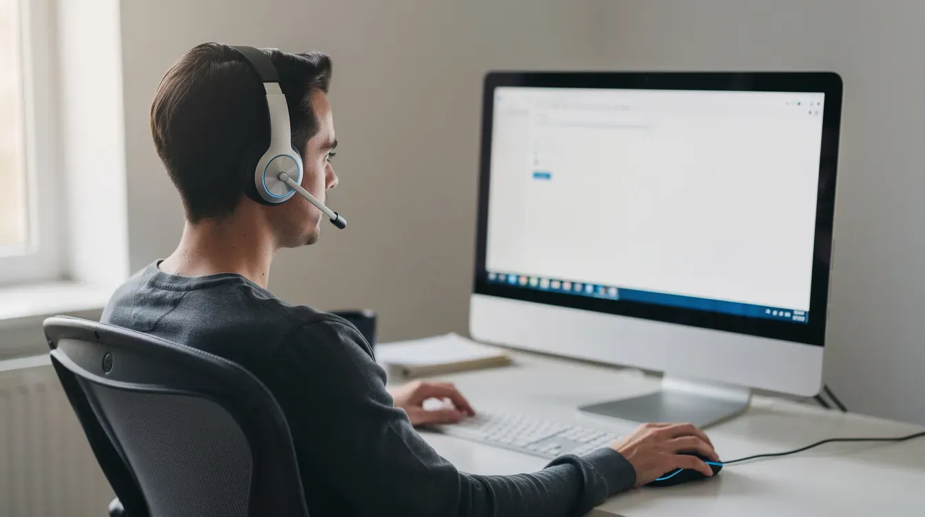The image shows a person wearing a headset, sitting at a desk with a computer screen in front of them, likely engaged in customer support services. They appear focused on assisting clients with inquiries related to online accounts, contact details, or common questions about post office services.