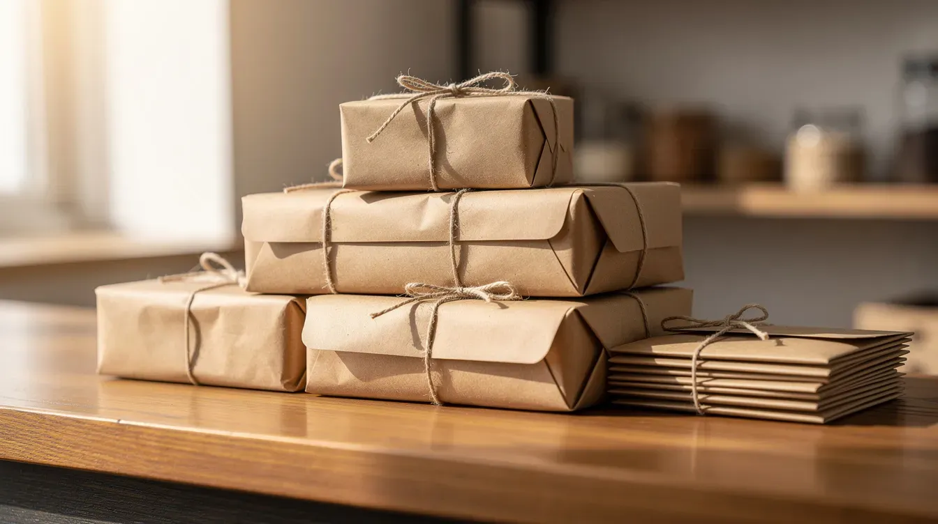 The image features neatly wrapped brown parcels and envelopes stacked on a wooden counter, likely at the Erdington post office in Birmingham. The arrangement suggests a busy delivery office preparing for dispatch, highlighting the importance of efficient service and organization.