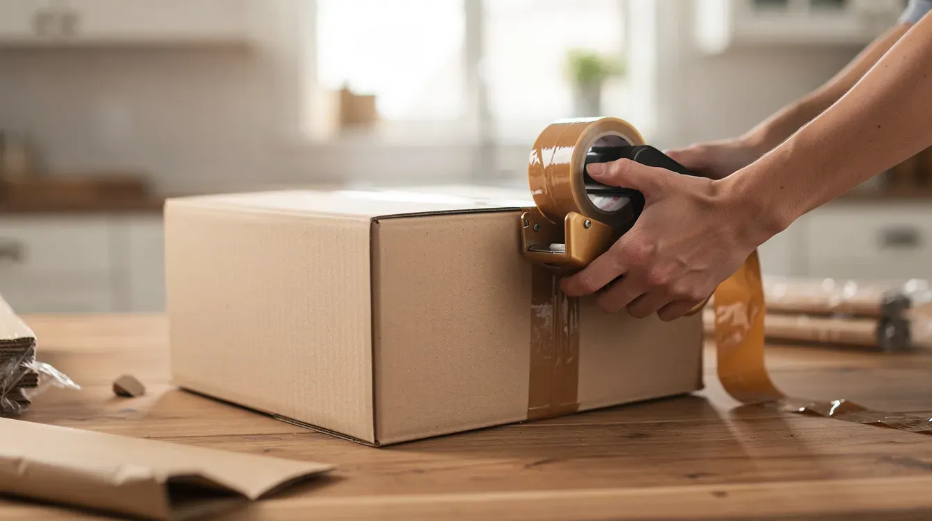 A person is sealing a cardboard box with brown tape on a kitchen table, preparing it for shipment. This scene could relate to services offered at the Erdington post office, located at 83 High Street, Birmingham, where packages are sent for delivery.