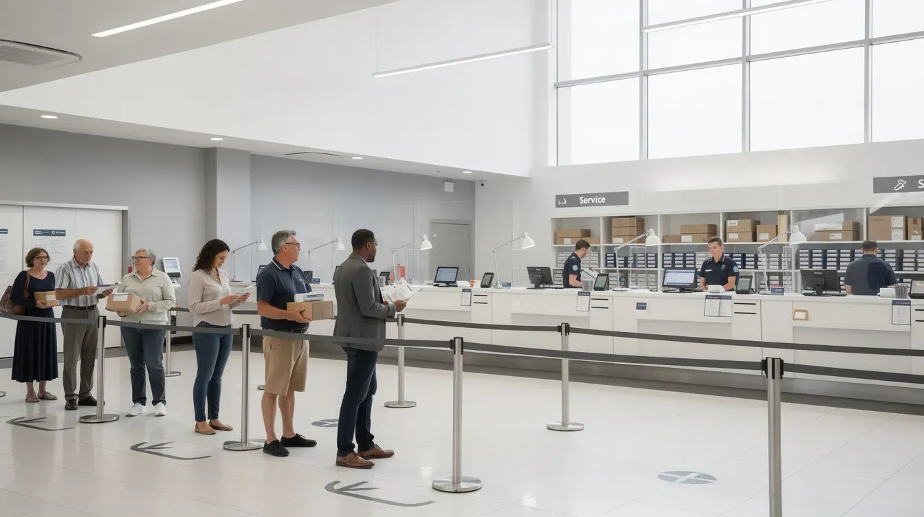 The image shows a bright and welcoming post office interior in Huddersfield, featuring service counters where customers are patiently waiting in an orderly queue. The post office logo is visible, emphasizing the organized environment supported by Royal Mail services.