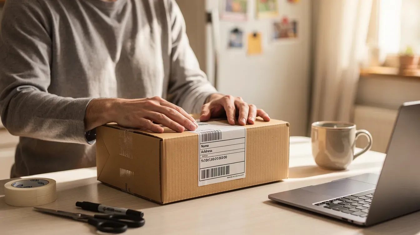 A person is at home, meticulously attaching a printed shipping label featuring the post office logo to a cardboard parcel on a kitchen table. The scene reflects the care taken to prepare the package for shipping, possibly through Royal Mail, with a hint of a Huddersfield or Slaithwaite address visible on the label.