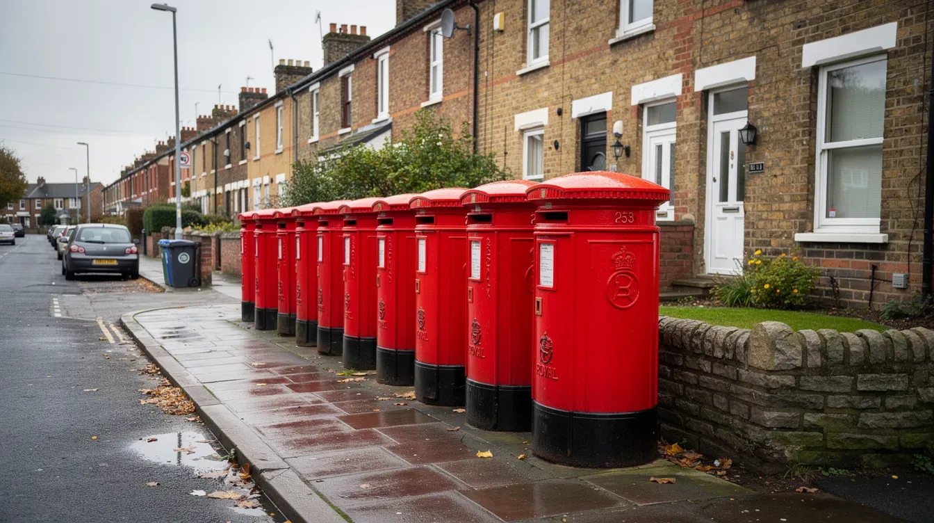 The image shows a row of bright red Royal Mail post boxes situated along a residential street in Liverpool, with charming terraced houses in the background. This scene captures the essence of local postal services, inviting residents to send their mail and enjoy the community atmosphere.