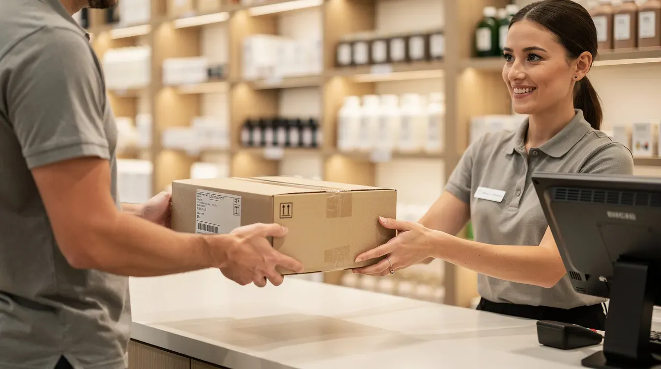 A person is handing a parcel to a shop assistant across a retail counter, likely at a post office branch in Liverpool. The scene captures the moment of posting, highlighting the interaction between the customer and the assistant, who may be involved in security verification for the parcel.