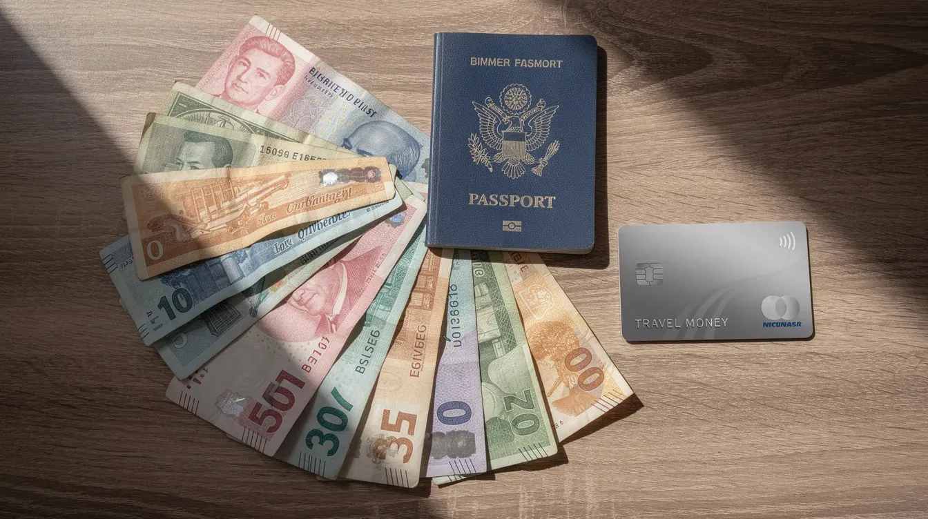 The image features an arrangement of foreign currency notes, a passport, and a travel money card on a table, symbolizing essential travel preparations. This setup reflects the importance of financial planning and access to services like those offered by the post office network for travelers.