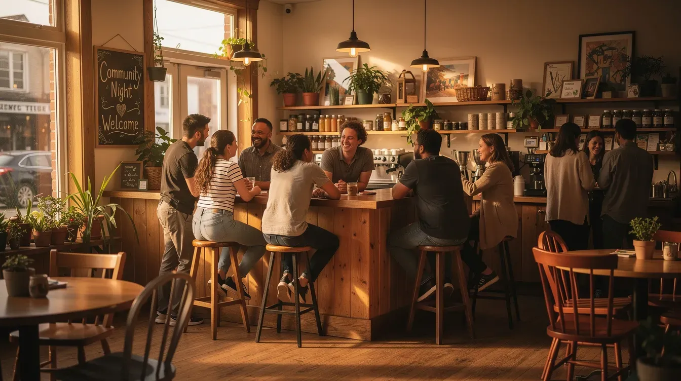 The image depicts a warm and inviting community gathering space inside a local shop, where people are engaged in friendly conversations at a counter. This setting exemplifies the essence of village life, showcasing the role of local businesses as essential services that foster connection and support within the community.