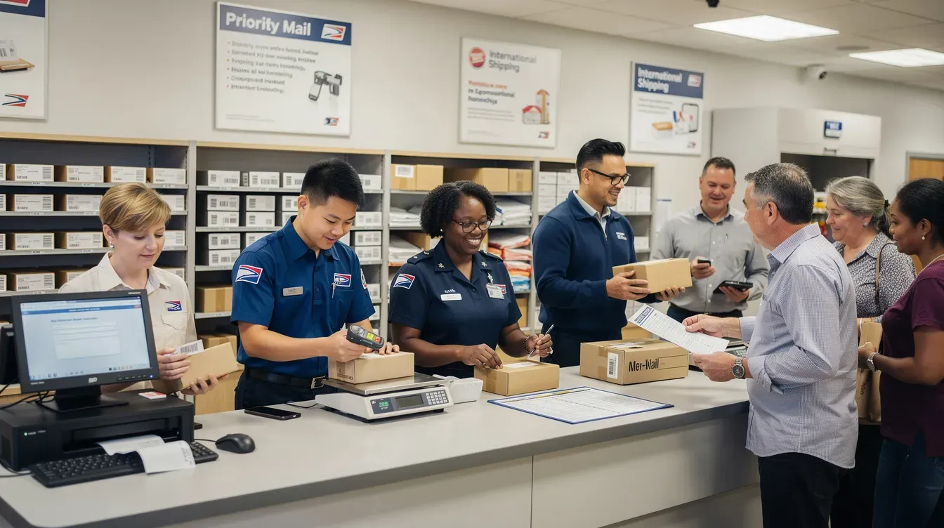 A diverse group of post office staff members is assisting customers at a retail counter, providing essential services such as mail handling, banking, and advice. The scene illustrates the community-focused role of the post office network in supporting customers with their inquiries and transactions.