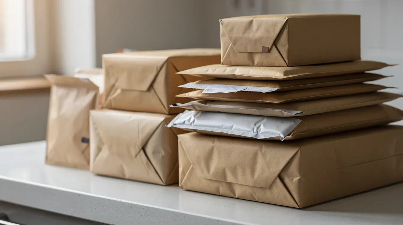A close-up view of assorted brown paper parcels and padded envelopes stacked neatly on a counter, likely at the Moreton post office, showcasing the organized service environment typical of a friendly branch in town.