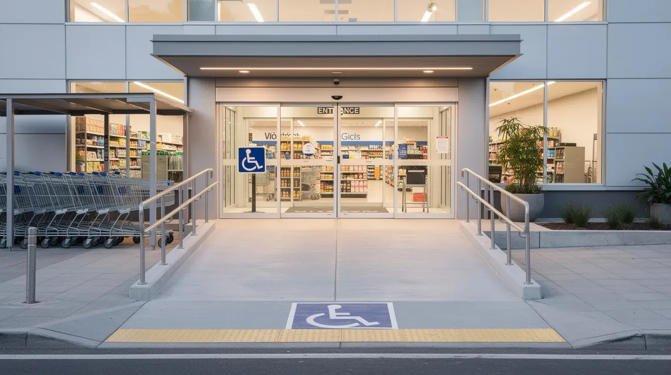The image shows a wide, accessible entrance to a modern supermarket featuring automatic sliding doors and a gentle ramp, designed for easy access. This welcoming entryway reflects the friendly service and community spirit often found in towns like Moreton, where local branches, such as the Moreton post office, cater to various needs.
