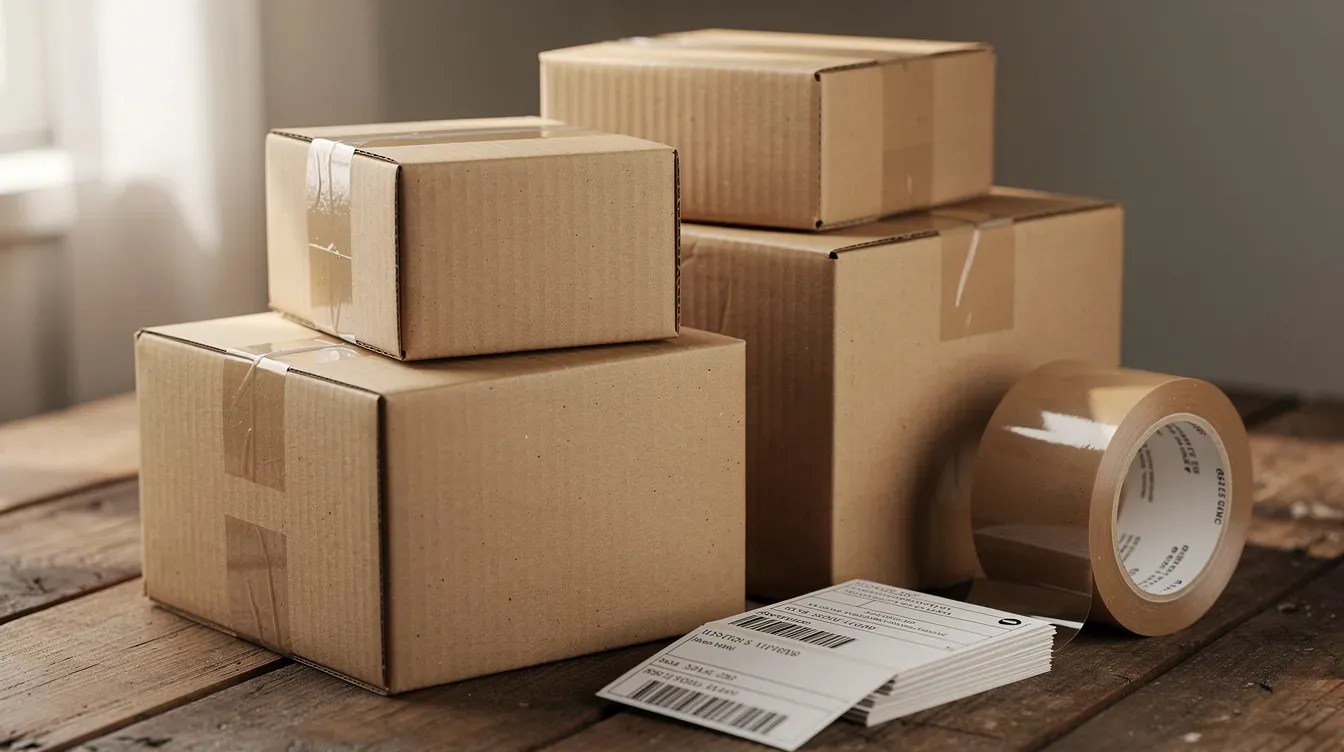 A collection of cardboard parcels of various sizes is neatly stacked on a wooden table, accompanied by packing tape and labels, ready for posting at a delivery office in Newcastle. This setup reflects the organized service of the Royal Mail Group Ltd, preparing items for mail delivery along the Tyne.