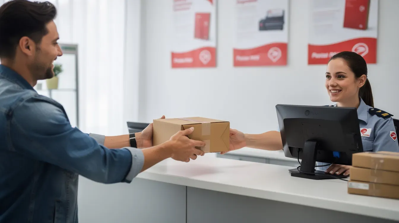 A person is handing a brown cardboard parcel over the counter at a post office branch to a staff member, ready to send the item with the correct postage for delivery. The scene captures the quick and easy way to manage sending parcels and letters through the postal service.