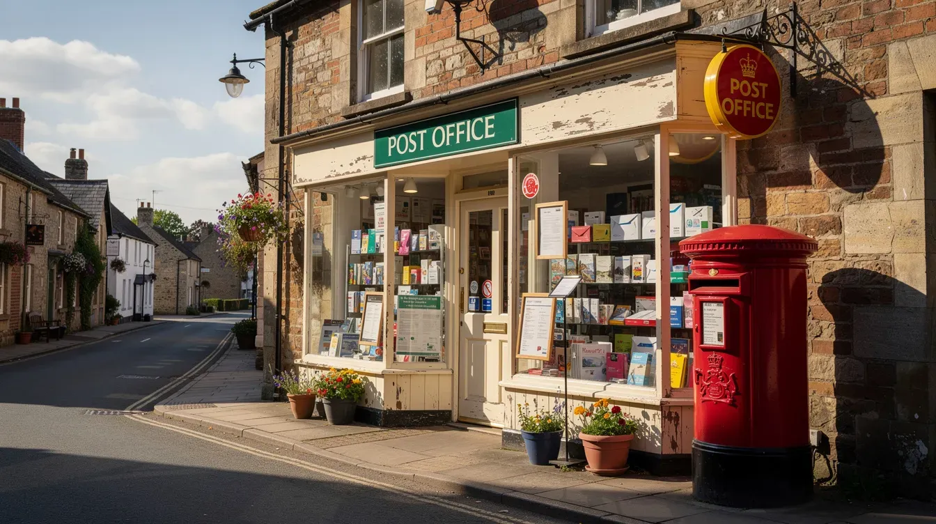 The image shows a quaint village Post Office storefront with a bright red Royal Mail postbox positioned outside, all set against a sunny backdrop. This post office branch offers services for sending letters and parcels, including options for international mail and quick delivery.