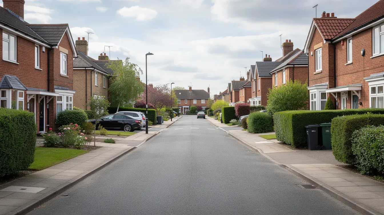 The image depicts a serene residential street in a UK suburb featuring charming brick houses surrounded by lush green hedges. The scene conveys a sense of tranquility and community, characteristic of neighborhoods near Tower Hill.