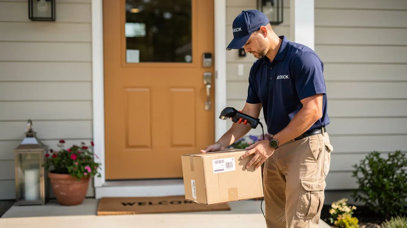 A delivery driver is placing a parcel at a residential front door, ensuring that the item is securely delivered to the recipient's address. This scene captures the essence of online delivery confirmation, highlighting the importance of tracking the parcel's progress and providing proof of delivery.