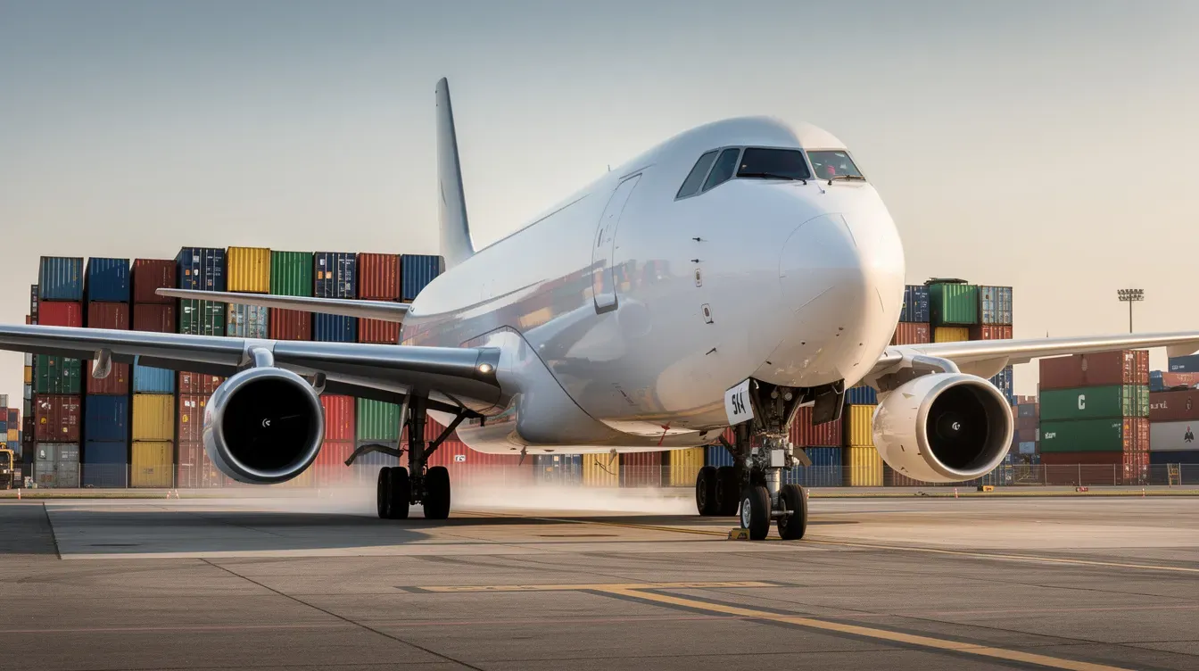 A cargo plane is parked on a runway, with various shipping containers visible in the background, symbolizing the logistics of international delivery. This scene reflects the importance of tracking parcels and ensuring timely delivery for businesses and customers alike.