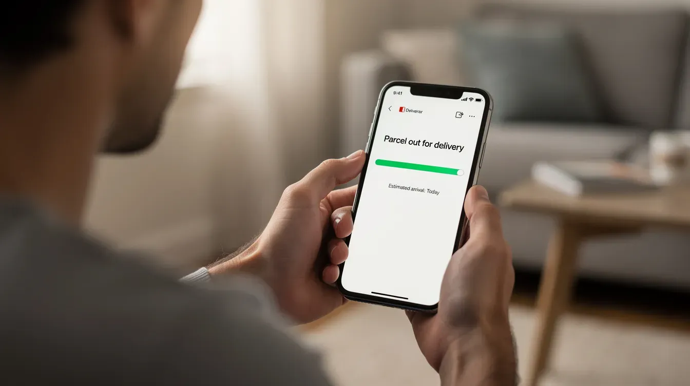 A person is checking their smartphone for an online delivery confirmation, looking for the parcel's progress using a tracking number. The screen displays details related to their international tracked delivery, possibly from Royal Mail or Parcelforce Worldwide.