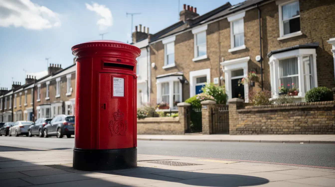 The image features a bright red Royal Mail post box standing on a sunlit urban street corner, with charming terraced houses in the background. This iconic post box represents the community's connection to the Brighton delivery office, offering essential services for local customers.