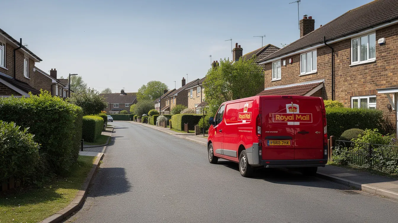 A Royal Mail red delivery van is parked on a quiet residential street surrounded by hedgerows, under a clear blue sky. This scene reflects the community-focused services provided by the Brighton delivery office, where customers can find information about opening hours and contact details.
