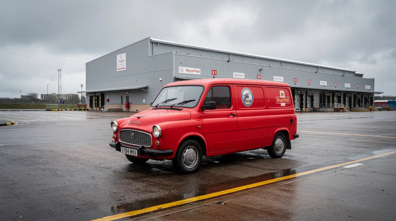 A Royal Mail red delivery van is parked outside a sorting facility on an overcast day, ready to service the local post office branch in Dundee. The scene captures the essence of postal operations, highlighting the importance of sending and receiving mail in the community.