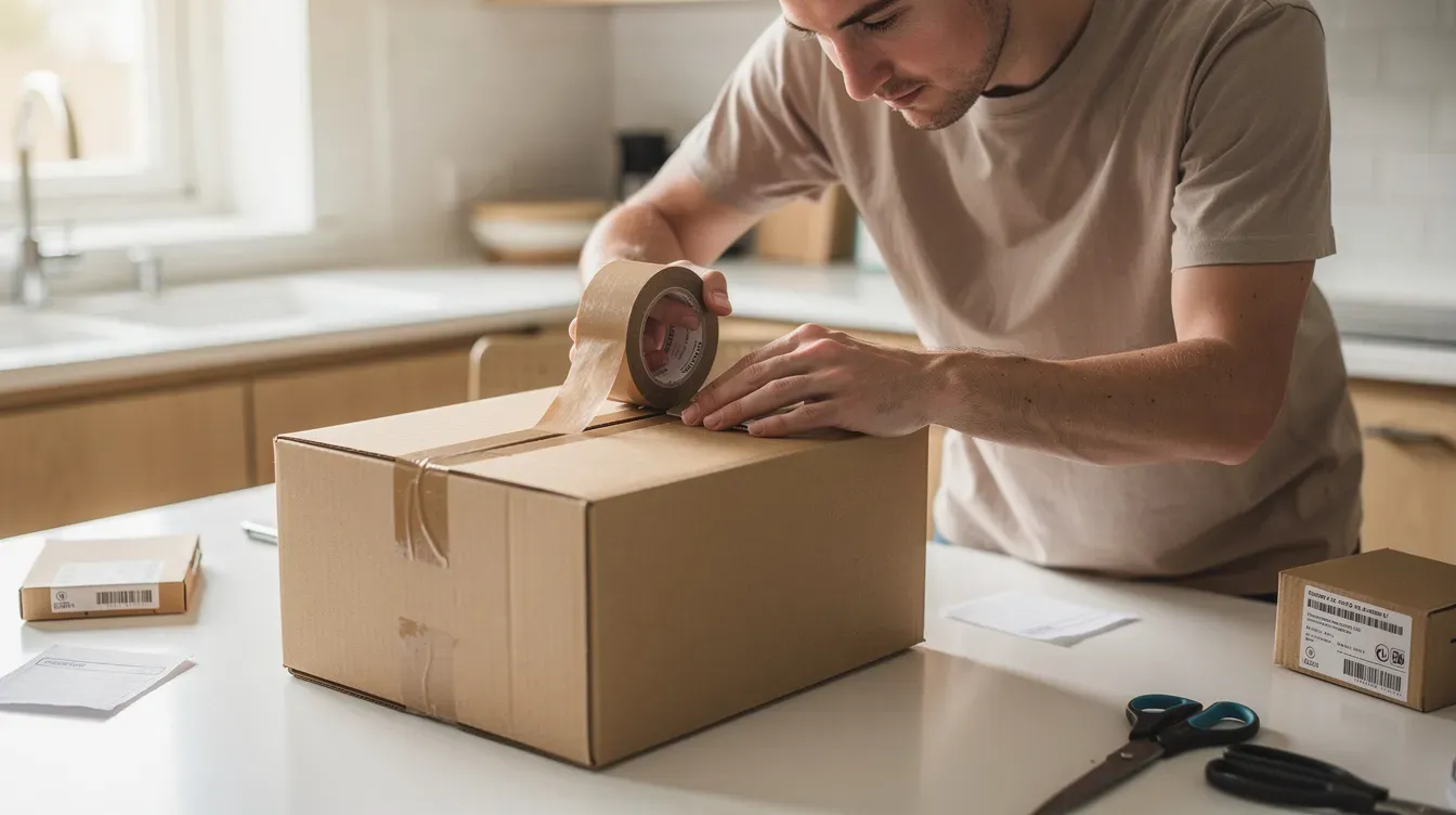 A person is meticulously packing a cardboard parcel with tape on a kitchen table, preparing to send it through the local post office branch. The scene captures the essence of postal service preparation, emphasizing the importance of proper packaging before visiting a general post office in Dundee.