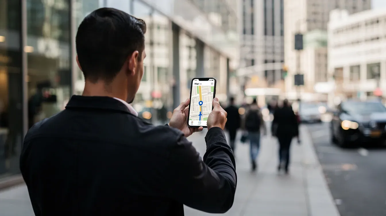 A person stands on a bustling city street in Glasgow, intently looking at a map application on their smartphone, likely searching for nearby post office branches or services offered by the Royal Mail Group Ltd. The urban environment features buildings and pedestrians, adding to the lively atmosphere.