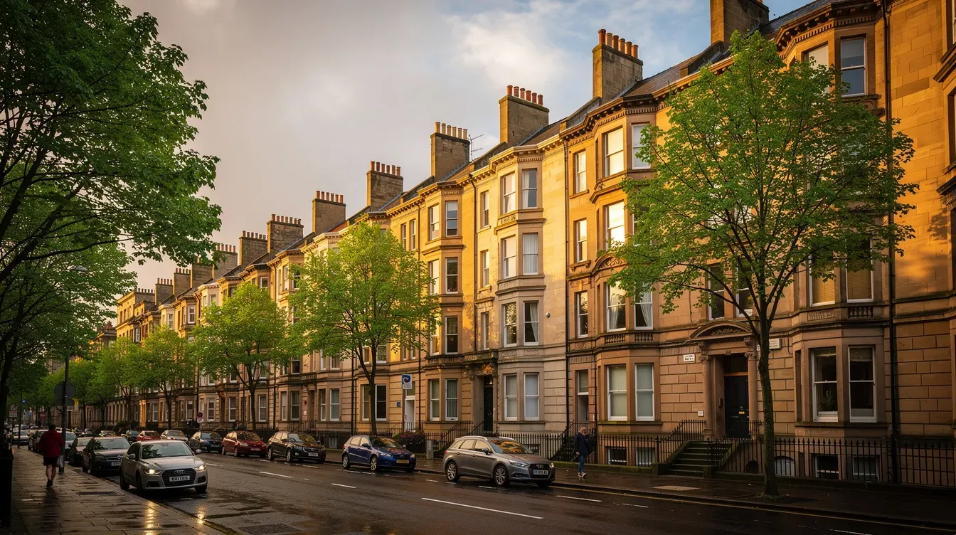 The image depicts a row of sandstone tenement buildings along a tree-lined street in Glasgow's West End, showcasing the architectural charm of the area. Nearby, post office branches can be found, providing essential services to the local community.