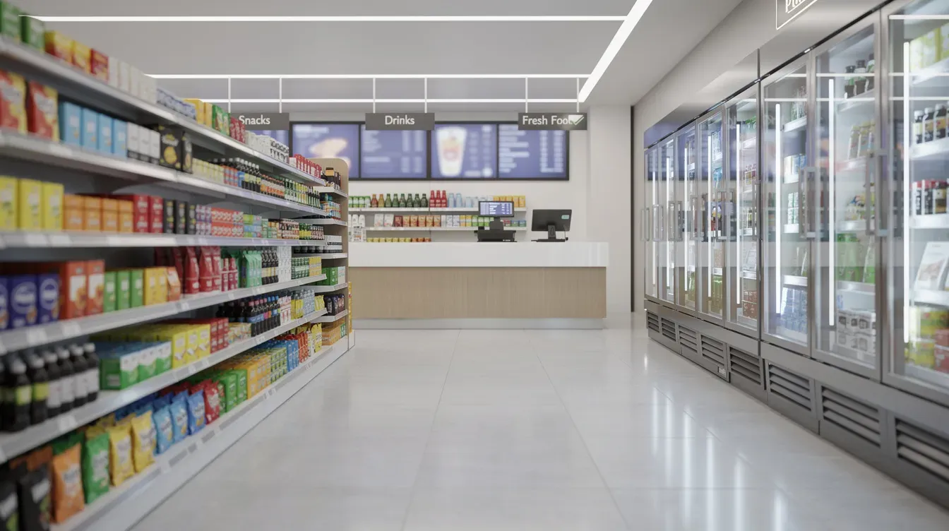 The image shows the interior of a modern convenience store featuring a service counter area in the background, which may include post office branches for postal services like Royal Mail. The store is well-lit and organized, with various products displayed on shelves, creating a welcoming shopping environment in Glasgow.