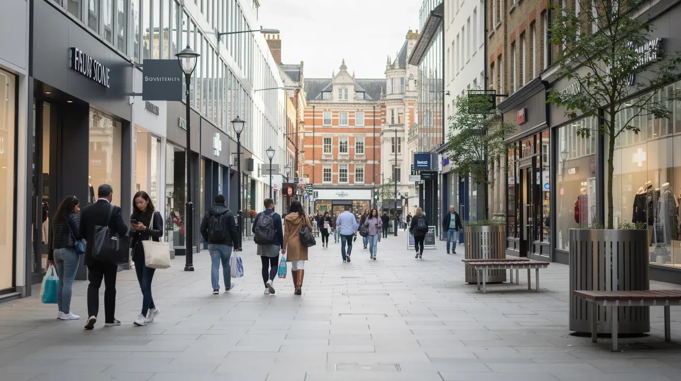 The image depicts a bustling pedestrianised shopping street in Birmingham city centre, with people strolling past modern storefronts and various shops. This lively scene captures the essence of urban life in the West Midlands, highlighting the vibrant atmosphere of Union Street and nearby locations like Victoria Square.