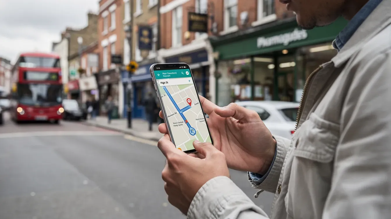 A person stands on a busy UK high street, holding a smartphone displaying a map application that shows nearby post office branches and services in Birmingham city centre. The scene captures the vibrant atmosphere of the street, with shops and pedestrians in the background.