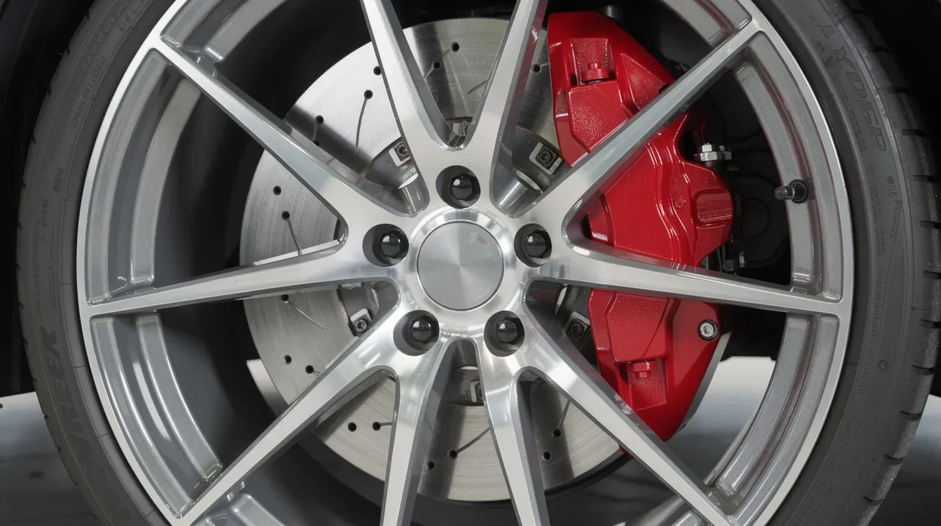A close-up view of a car's brake disc and caliper is visible through a stylish alloy wheel, showcasing the intricate components essential for the vehicle's braking system. This image highlights the importance of regular checks, such as those included in a pre MOT test, to ensure brakes are working correctly and meet legal requirements for safety on the road.