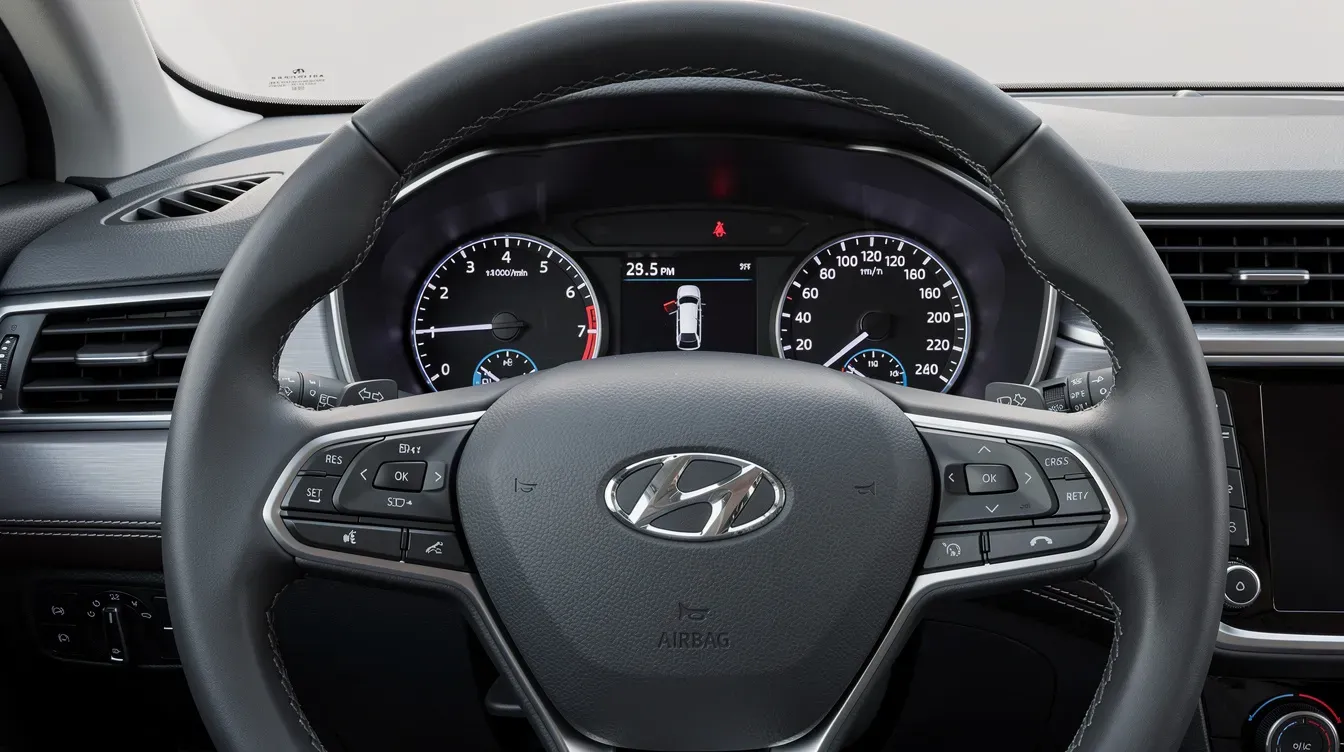 The image shows the interior view of a car dashboard, prominently featuring the steering wheel and instrument cluster, with all warning lights turned off, indicating that the vehicle is in good condition and ready for a pre MOT test. The dashboard reflects a clean and functional setup, suggesting that the car meets legal requirements for driving.