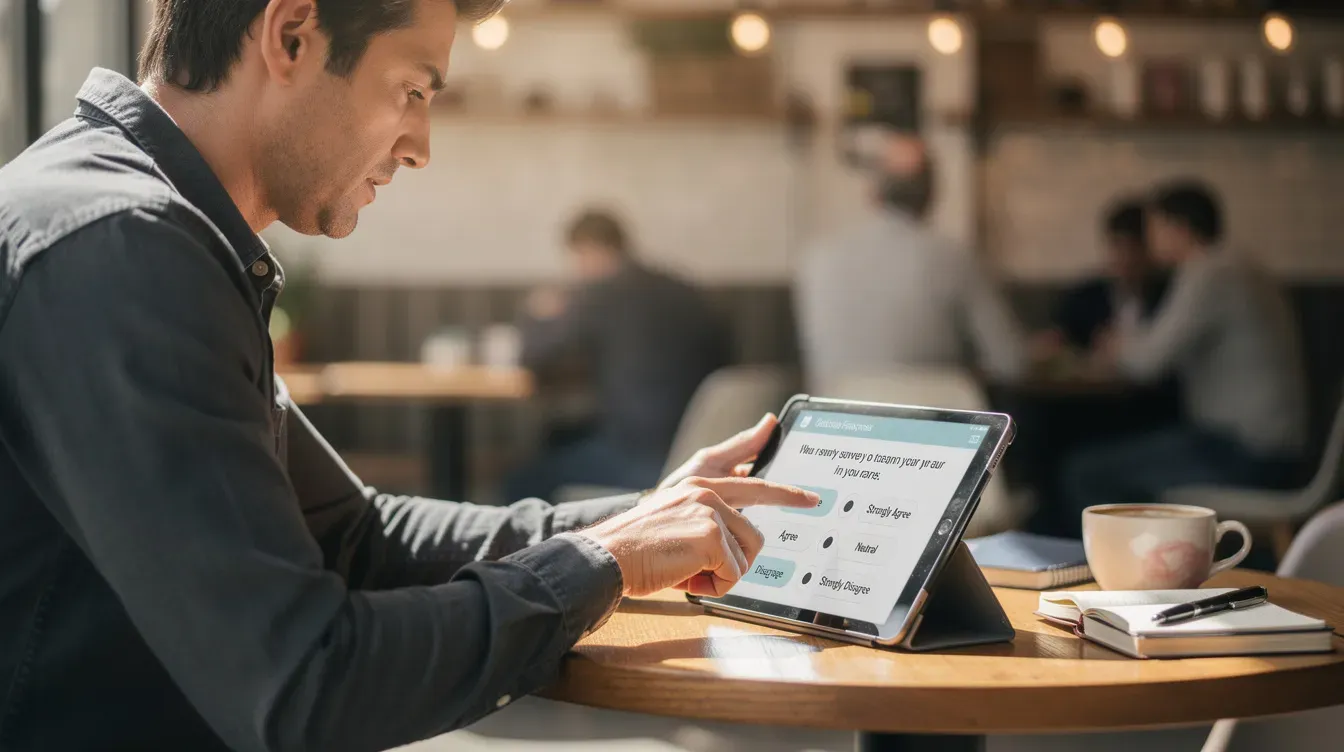 A person is sitting at a cafe table, tapping responses on a tablet survey form, which is a method of conducting primary market research to gather valuable insights from the target audience. The setting suggests a casual environment for collecting data through user testing or online surveys.