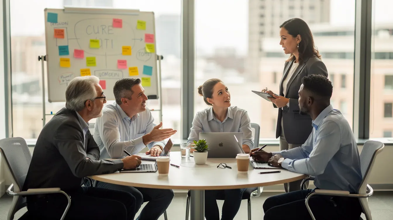 A small group of diverse individuals is seated around a round table engaged in a discussion, with a moderator standing nearby facilitating the conversation. This setting reflects a focus group scenario, commonly used in primary market research to gather valuable insights and data from participants.