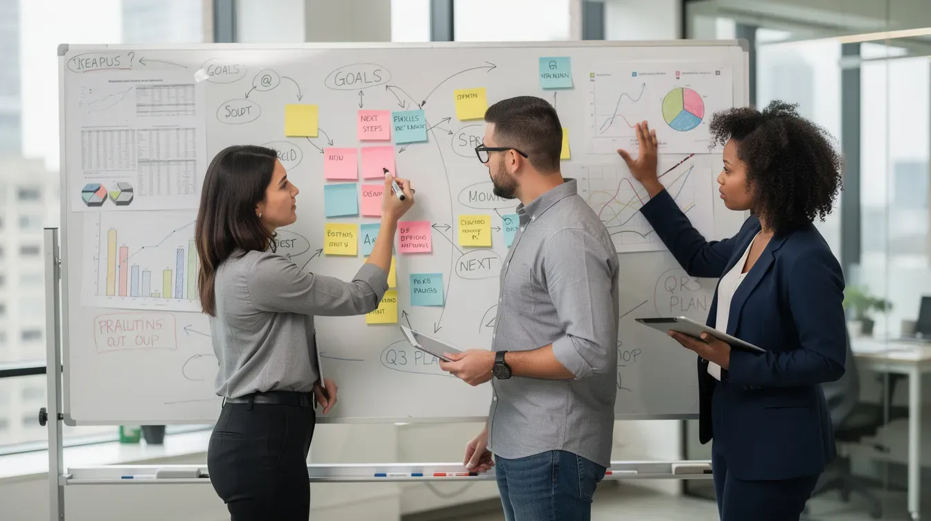 A team of three people is engaged in a discussion while reviewing charts and sticky notes on a large whiteboard in a modern office setting, likely focusing on their market research project. They appear to be analyzing data collected from primary and secondary research methods to gain valuable insights into their target market.