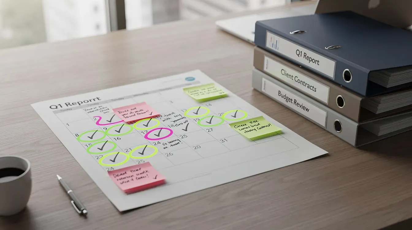 The image shows a calendar on a desk with important deadlines highlighted, alongside a stack of business folders, suggesting an organized workspace for managing company affairs. This setup may be typical for a private limited company, where timely documentation and adherence to legal requirements are crucial for maintaining limited liability and ensuring compliance with Companies House regulations.