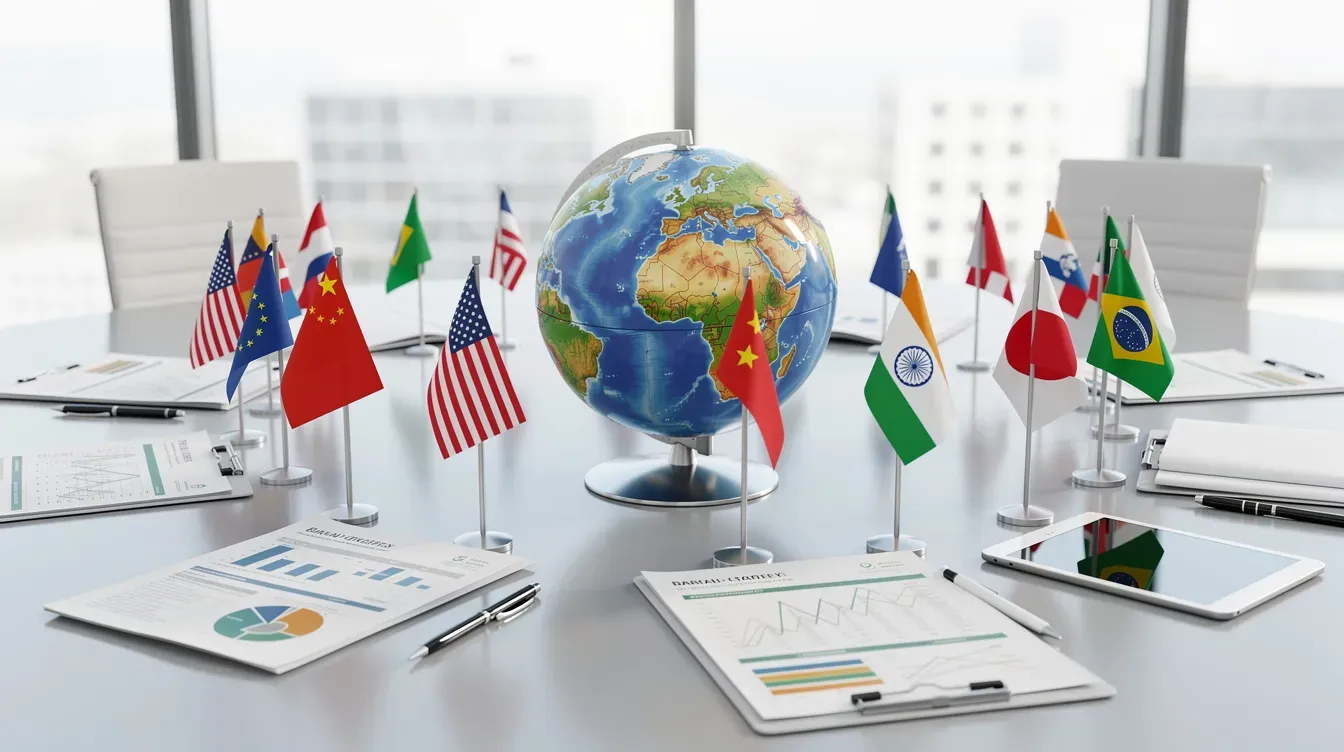 The image features a globe surrounded by various national flags, with business documents laid out on a conference table, highlighting the importance of international company formation and the legal requirements involved in establishing a business. This scene symbolizes the global nature of business and the necessity of proper documentation, such as incorporation certificates and company details, for registered companies.