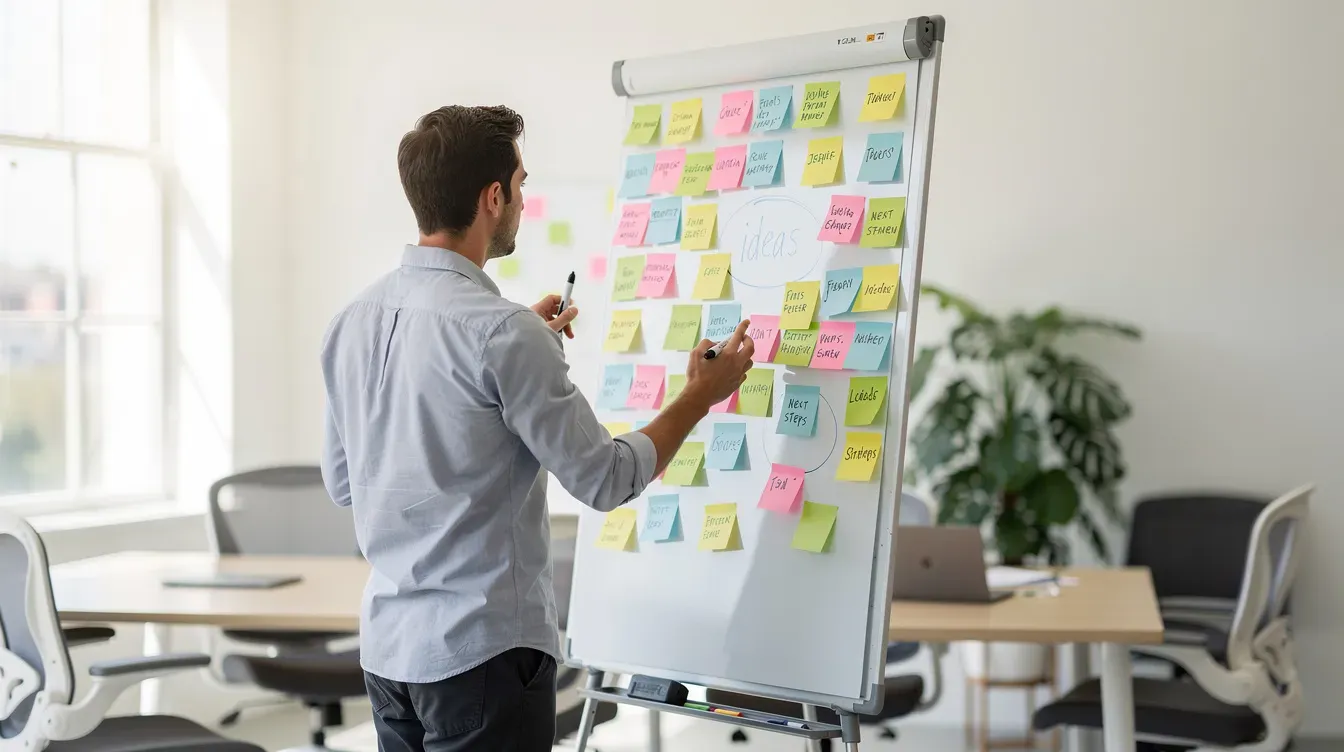 A person is standing in a bright office space, actively brainstorming ideas at a whiteboard covered in colorful sticky notes. This scene reflects the dynamic environment of new business owners as they plan their company registration and formation process.
