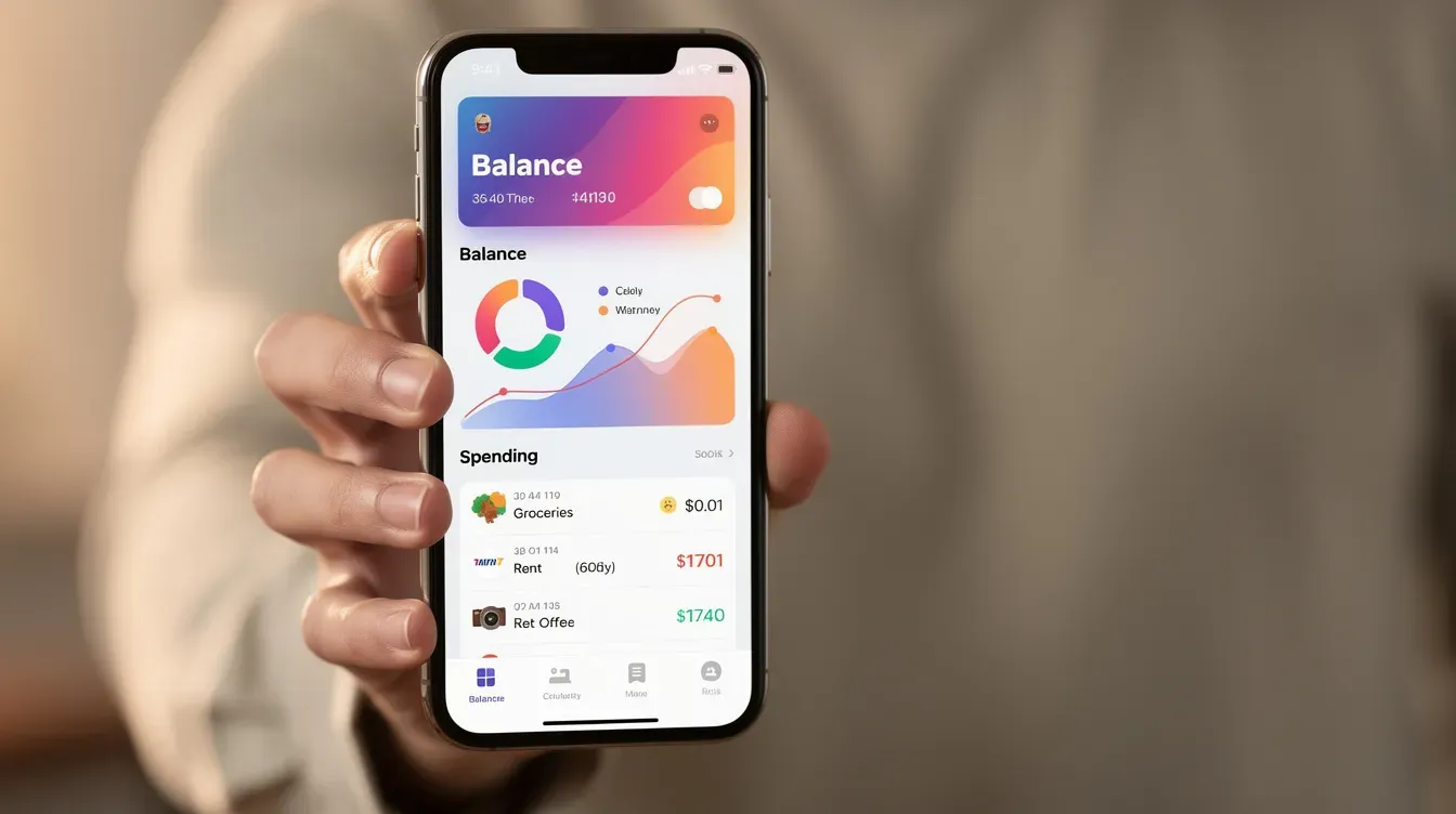 An individual is holding a smartphone displaying a vibrant banking app dashboard, featuring charts and transaction history related to their business bank account. This app helps users manage their company finances, making it easier to track business details and transactions.