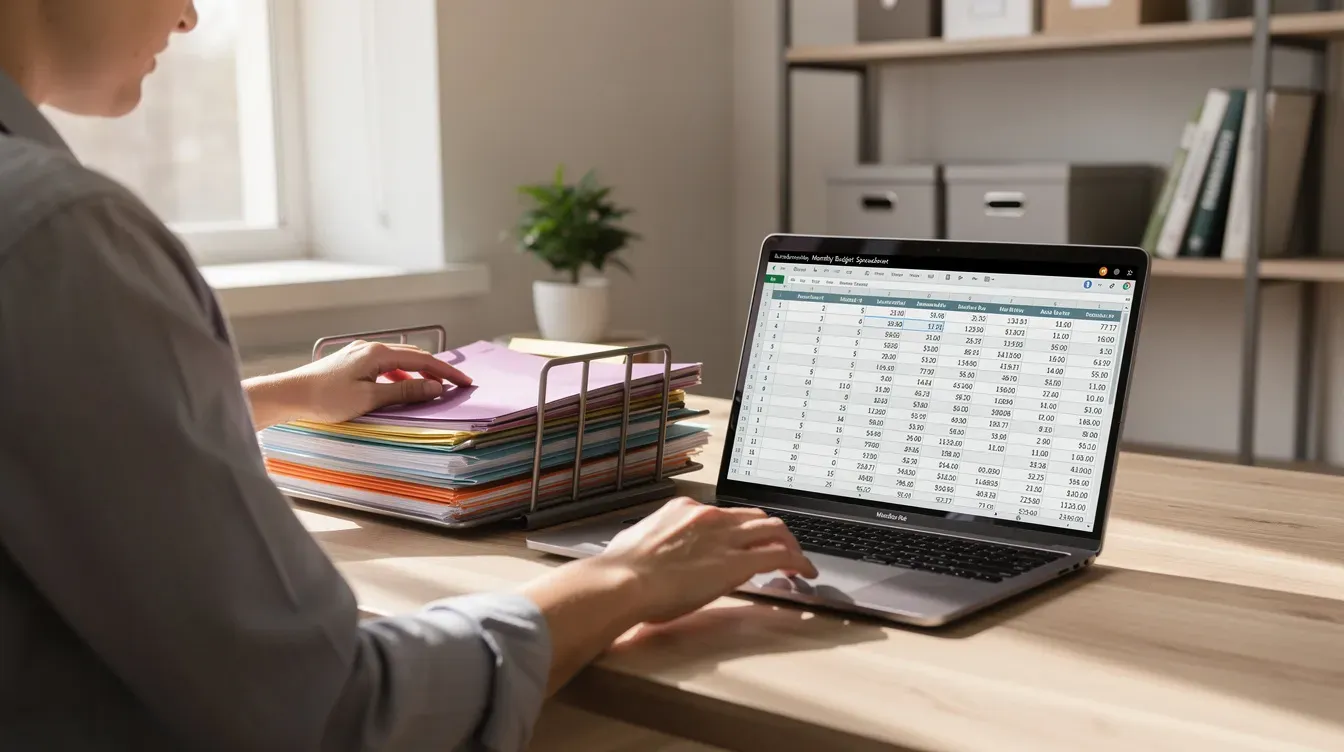 A person is organizing folders and paperwork on a tidy home office desk, with an open laptop displaying a spreadsheet. This scene reflects the importance of keeping business details in order, especially for new business owners looking to register a company and manage their finances effectively.