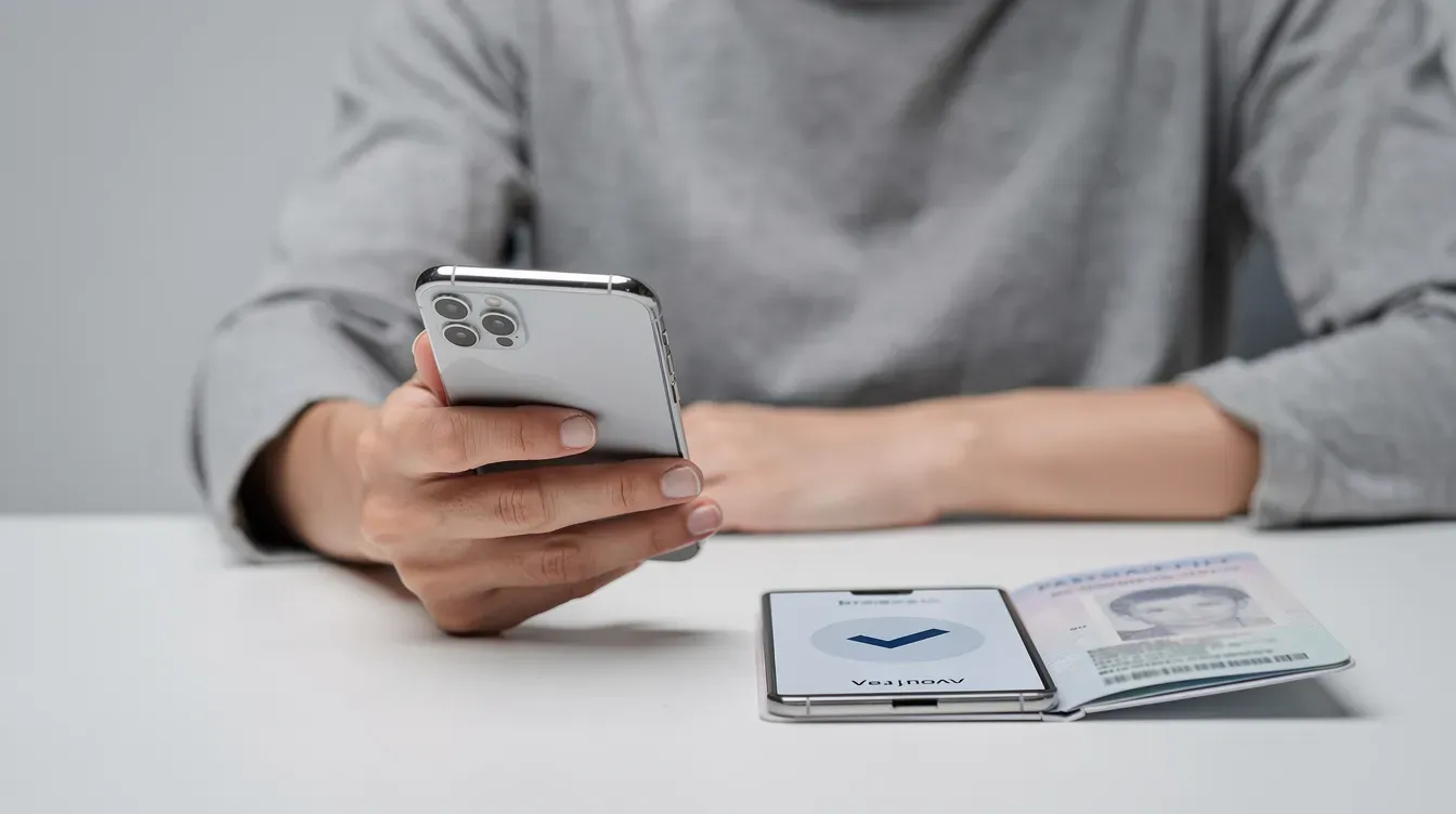 An individual is holding a smartphone next to a passport, indicating the process of identity verification, which is essential when registering a limited company with Companies House or opening a business bank account. The image emphasizes the importance of confirming personal details for legal and financial purposes in business transactions.