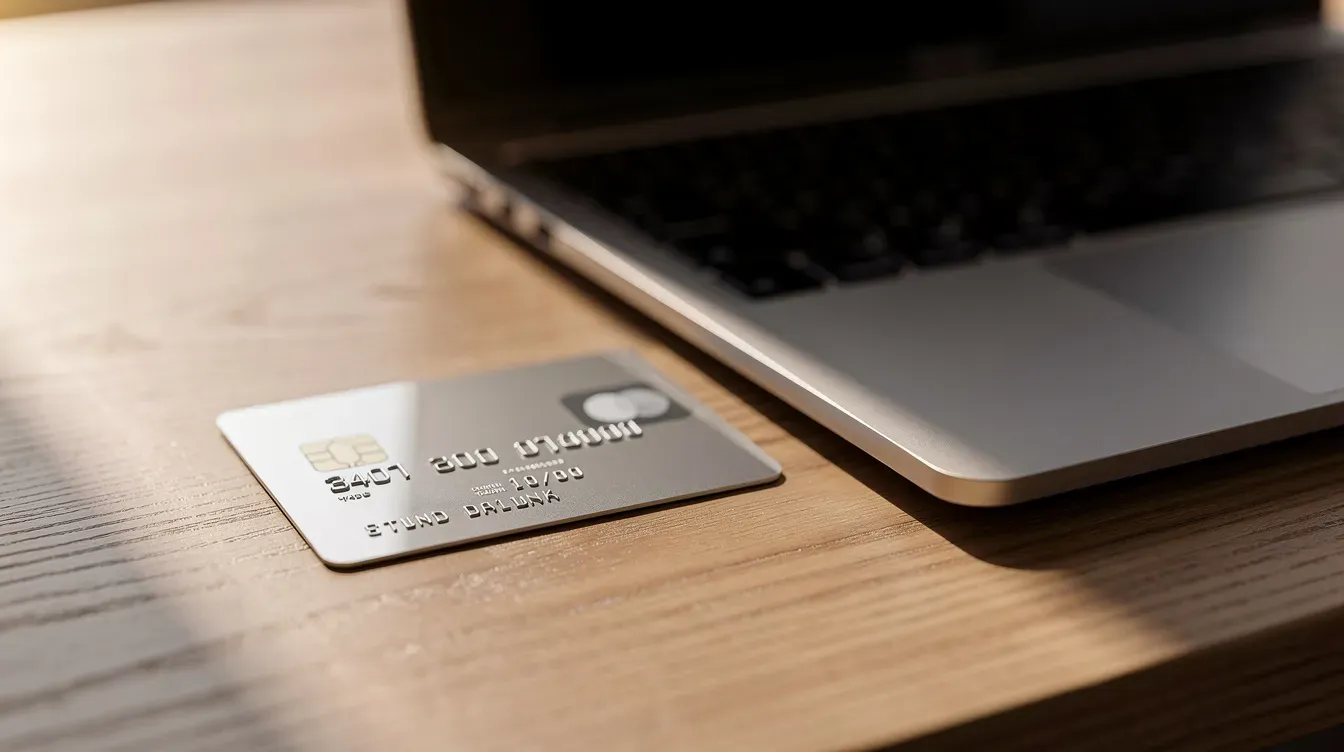 The image shows a bank card and a laptop placed on a wooden desk, symbolizing the financial tools often used by businesses for managing their accounts and paying taxes. This setup reflects the importance of having a business bank account when starting a limited company or operating as a sole trader.