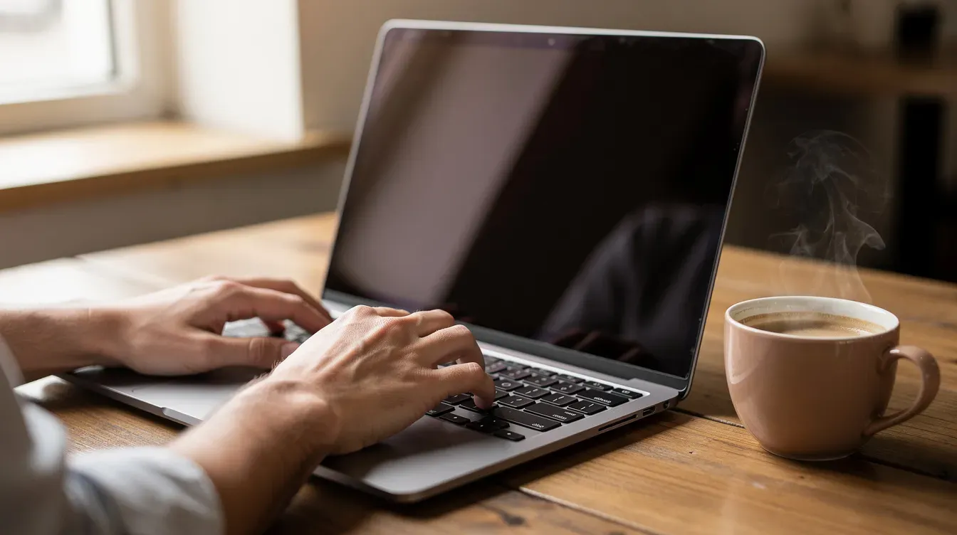A person is focused on typing on a laptop computer, with a steaming cup of coffee placed beside them, illustrating a scene of productivity that could relate to managing payroll tasks or submitting PAYE payments online. This image captures the essence of working efficiently, possibly in the context of handling income tax and national insurance contributions.